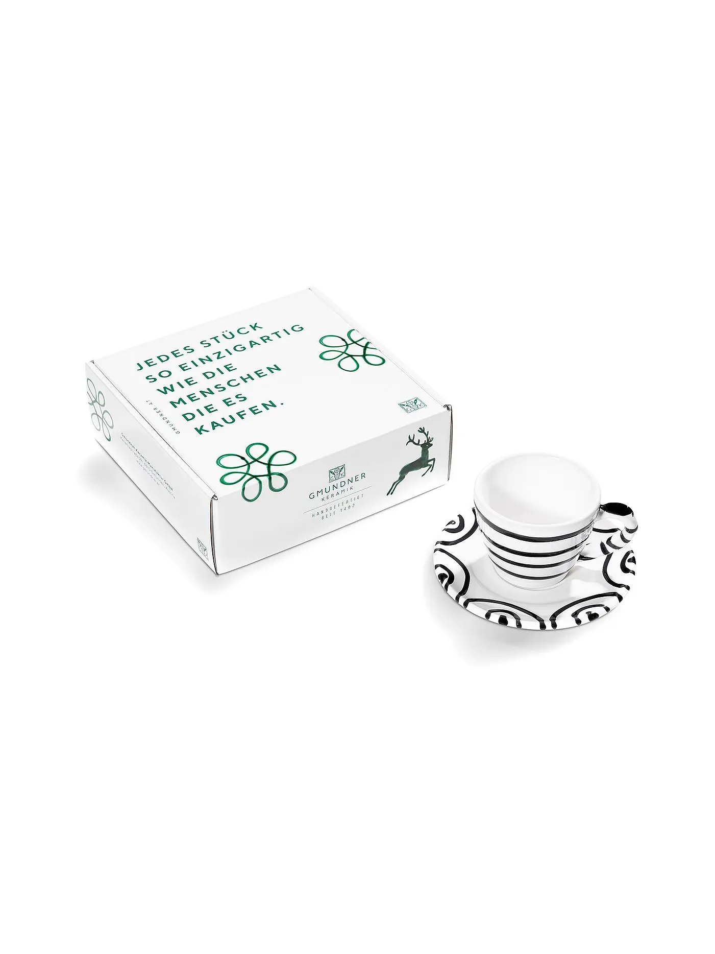 GMUNDNER KERAMIK | Tasse und Untertasse - Espresso for you Gourmet - 2-tlg. "Grün Geflammt" | schwarz